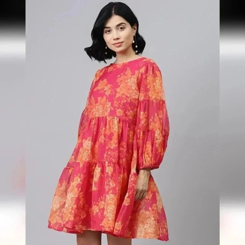 SASSAFRAS Fuchsia Floral Drop Shoulder Tiered Dress - Picture 2 of 8
